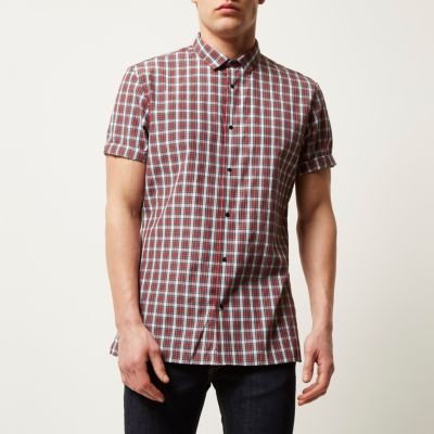 Red check short sleeve slim fit shirt